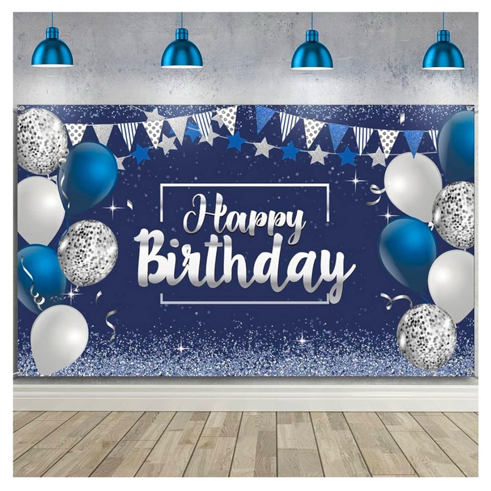 Silver And Navy blue Happy Birthday Decorations Backdrop, Glitter Birthday Backd